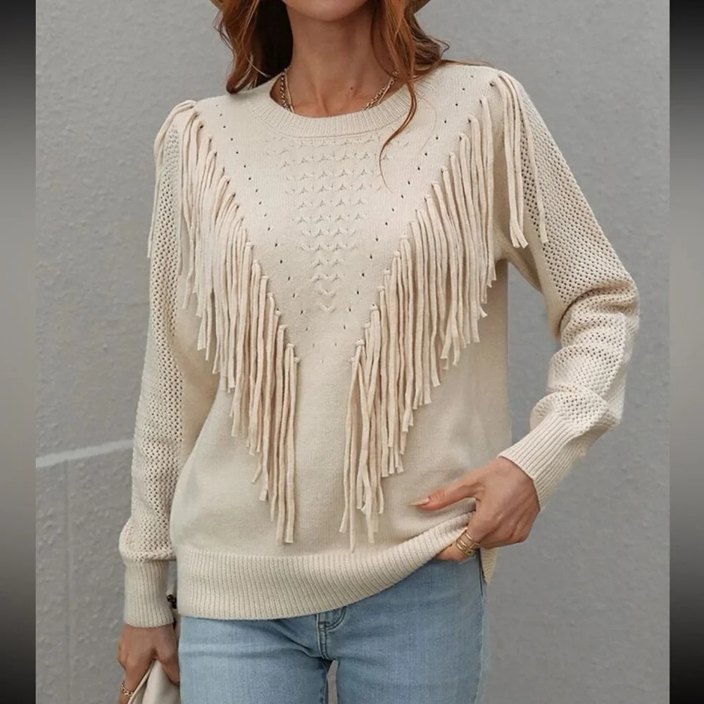 Cozy fringe detail sweater top - Picture 4 of 16